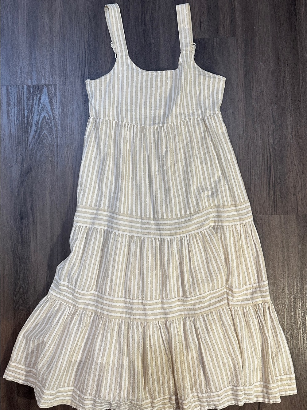 Linda Anderson Gold Stripe Tiered Midi Dress | Neutral Shimmer Boho Sundress - Picture 4 of 11